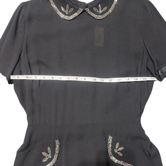 Babs Junior 1940s True Vintage Black Crepe Peplum Dress with Beaded Trimming - Picture 12 of 16
